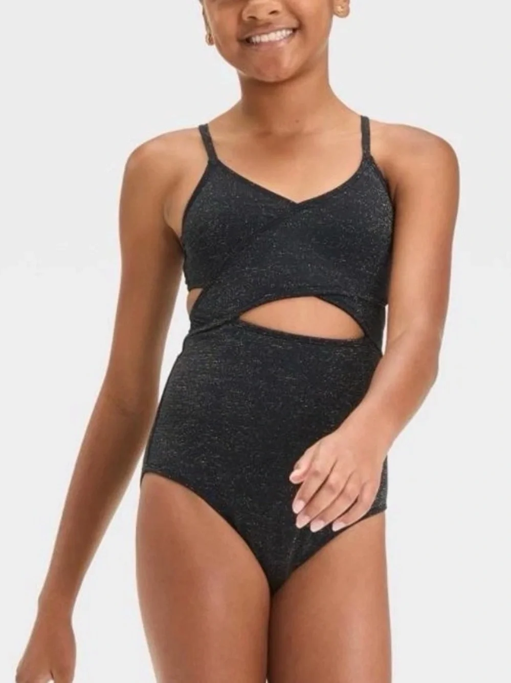 Little Girls' One Piece Swimsuit Black w/ Gold Shimmer Accents Small 6/7 NWT